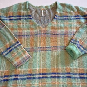 Free People Primose Plaid Pullover Sweater V Neck Oversized Sloucy L Knit Top